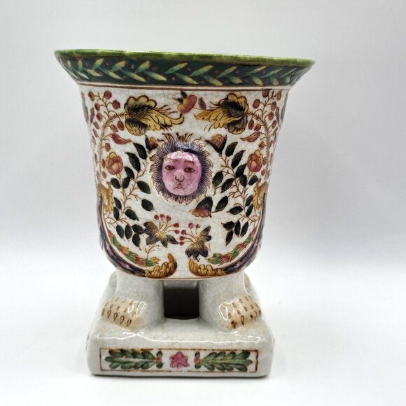 VTG Footed Planter Lion Faces Floral Vase Crackle Crazing Effect Signed Numbered - Picture 3 of 9